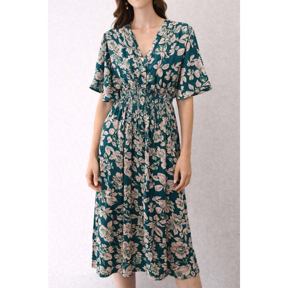 BOHME Emerald Green Floral Midi Dress Smocked Waist Boho Dress NWT | Small